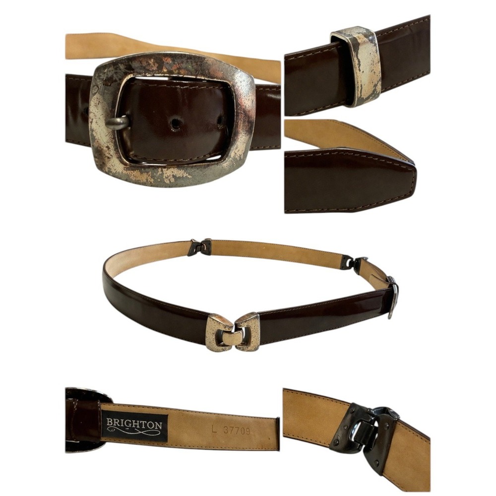 Brighton Womens Belt Brown Leather Silver Interlocking Buckle Vintage Large